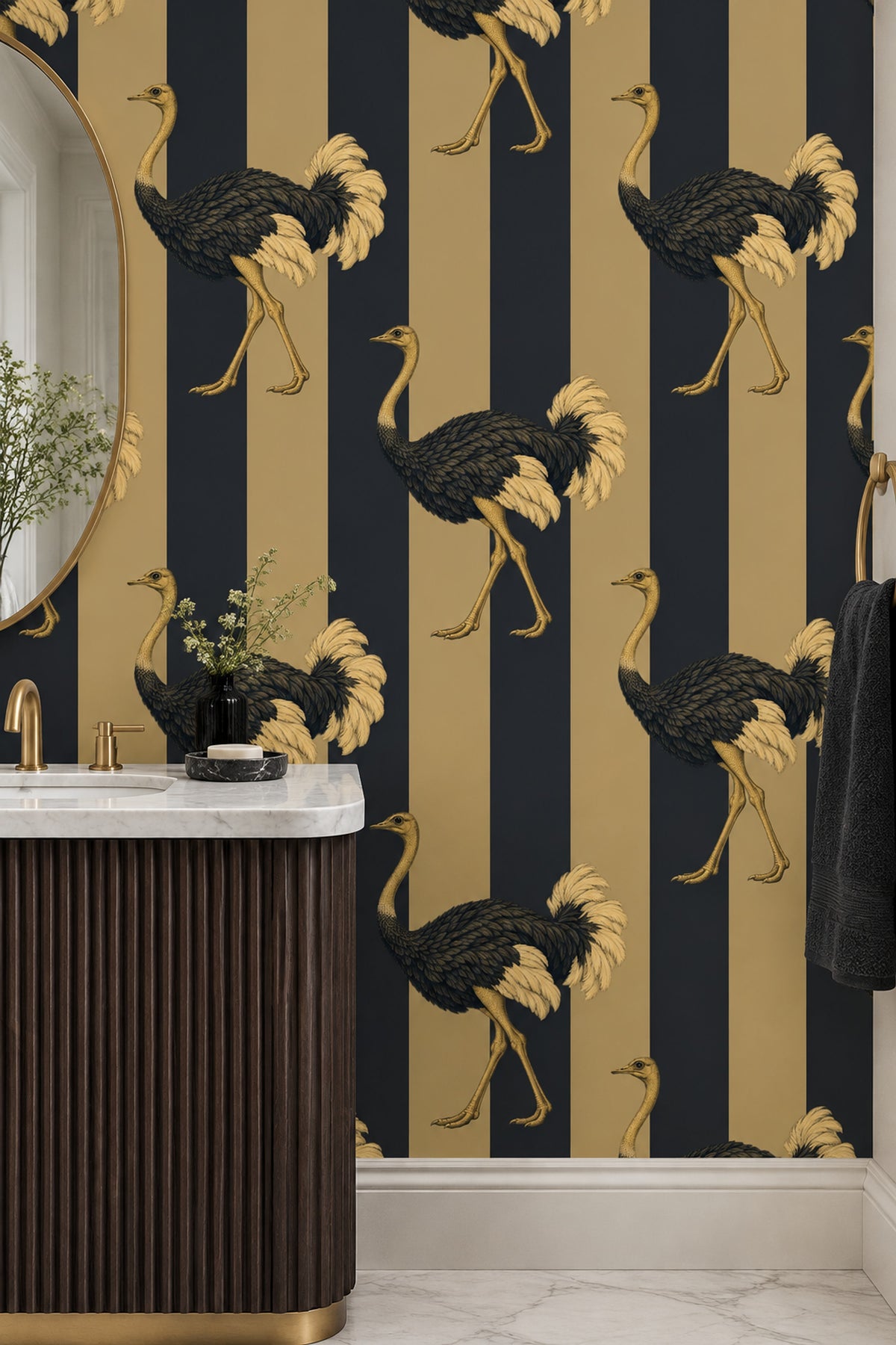 Ostrich Illustration Wallpaper Dark Striped Gold Black