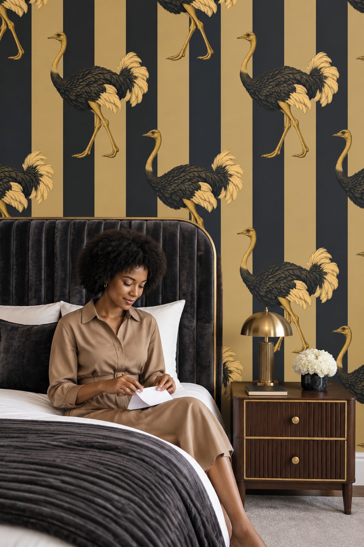 Ostrich Illustration Wallpaper Dark Striped Gold Black