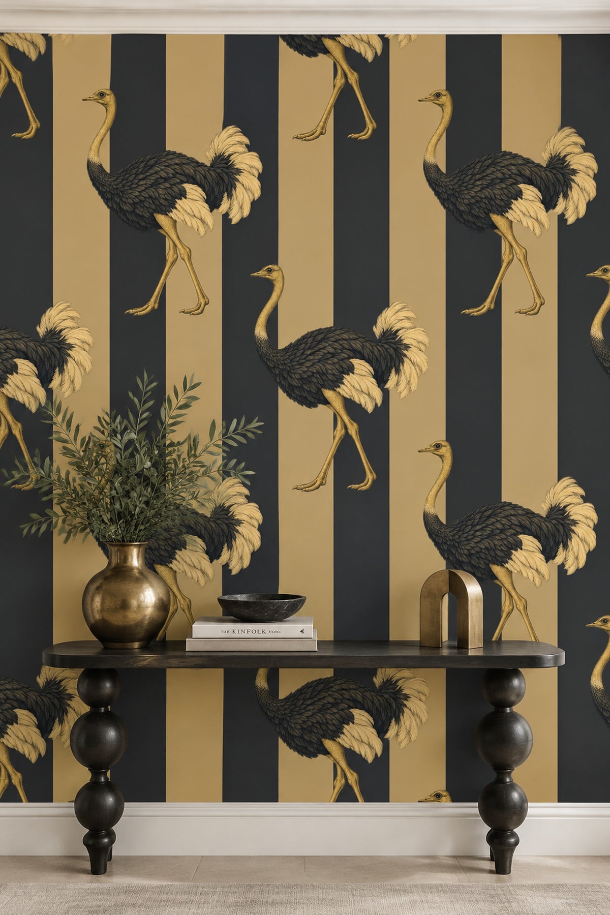 Ostrich Illustration Wallpaper Dark Striped Gold Black