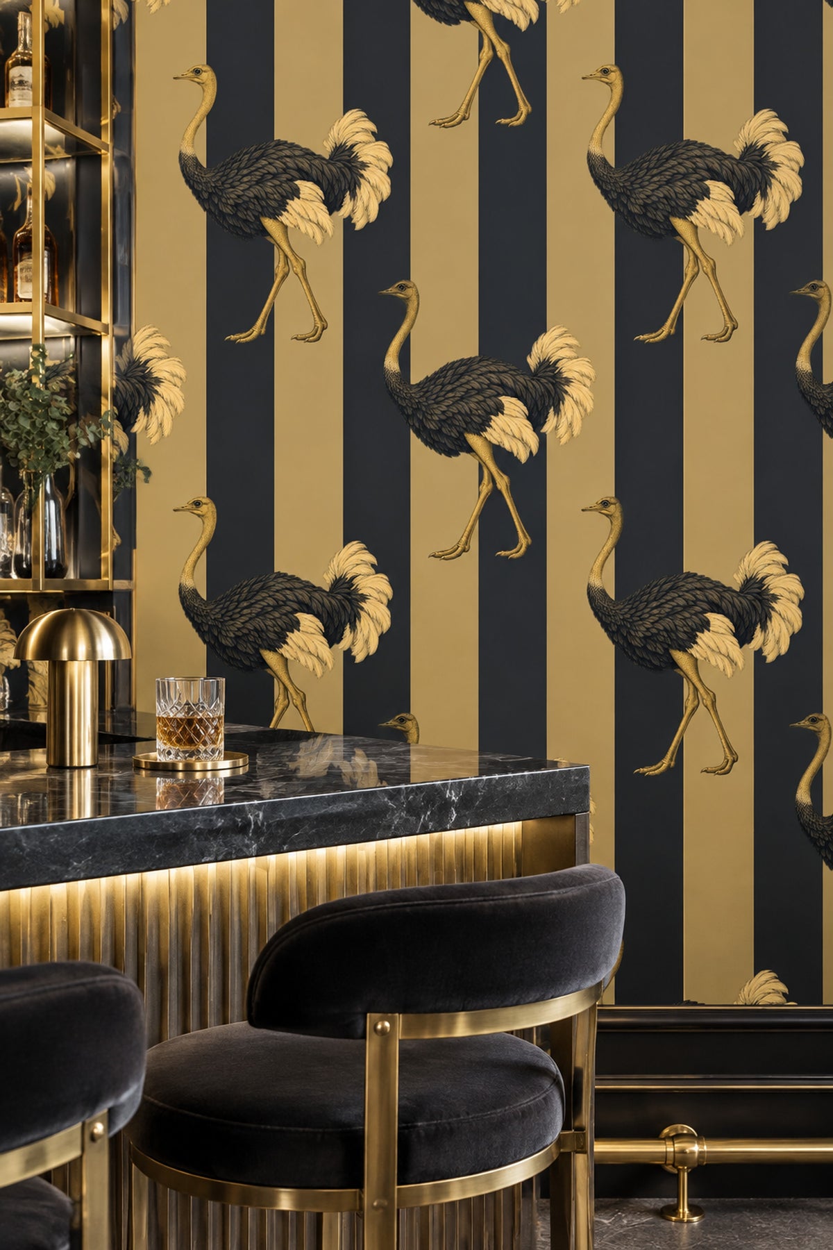 Ostrich Illustration Wallpaper Dark Striped Gold Black