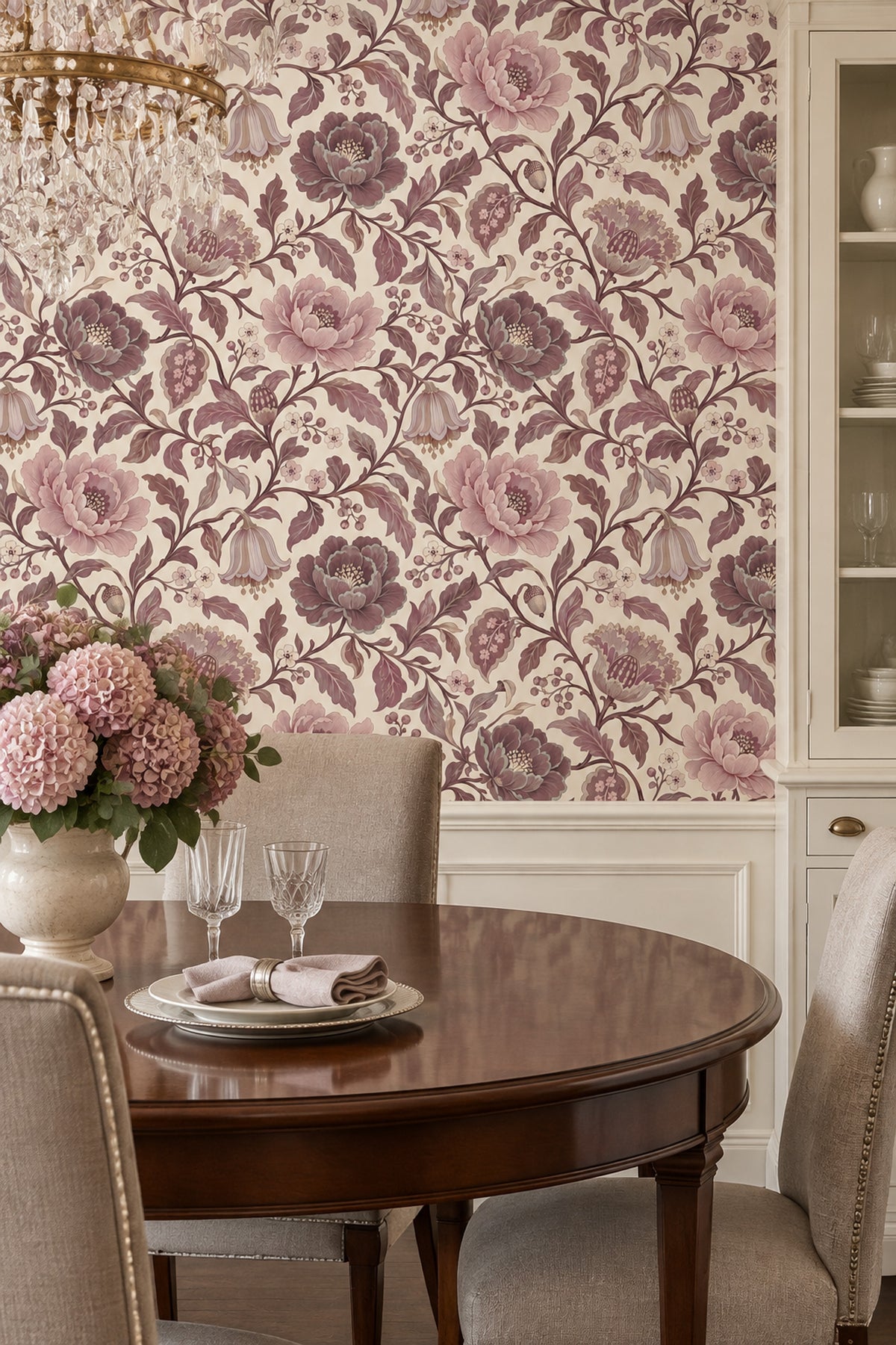 Pink Peony Blossoms Wallpaper Cream Background Vines