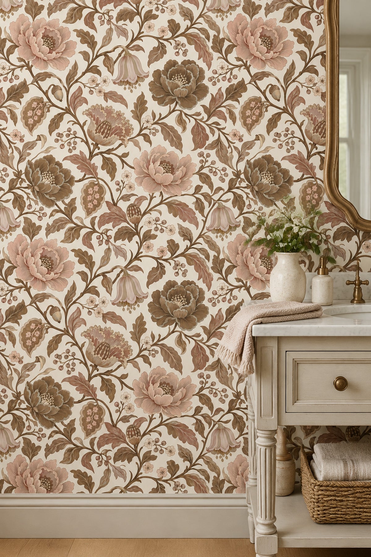 Blush Garden Flowers Wallpaper Cream Background