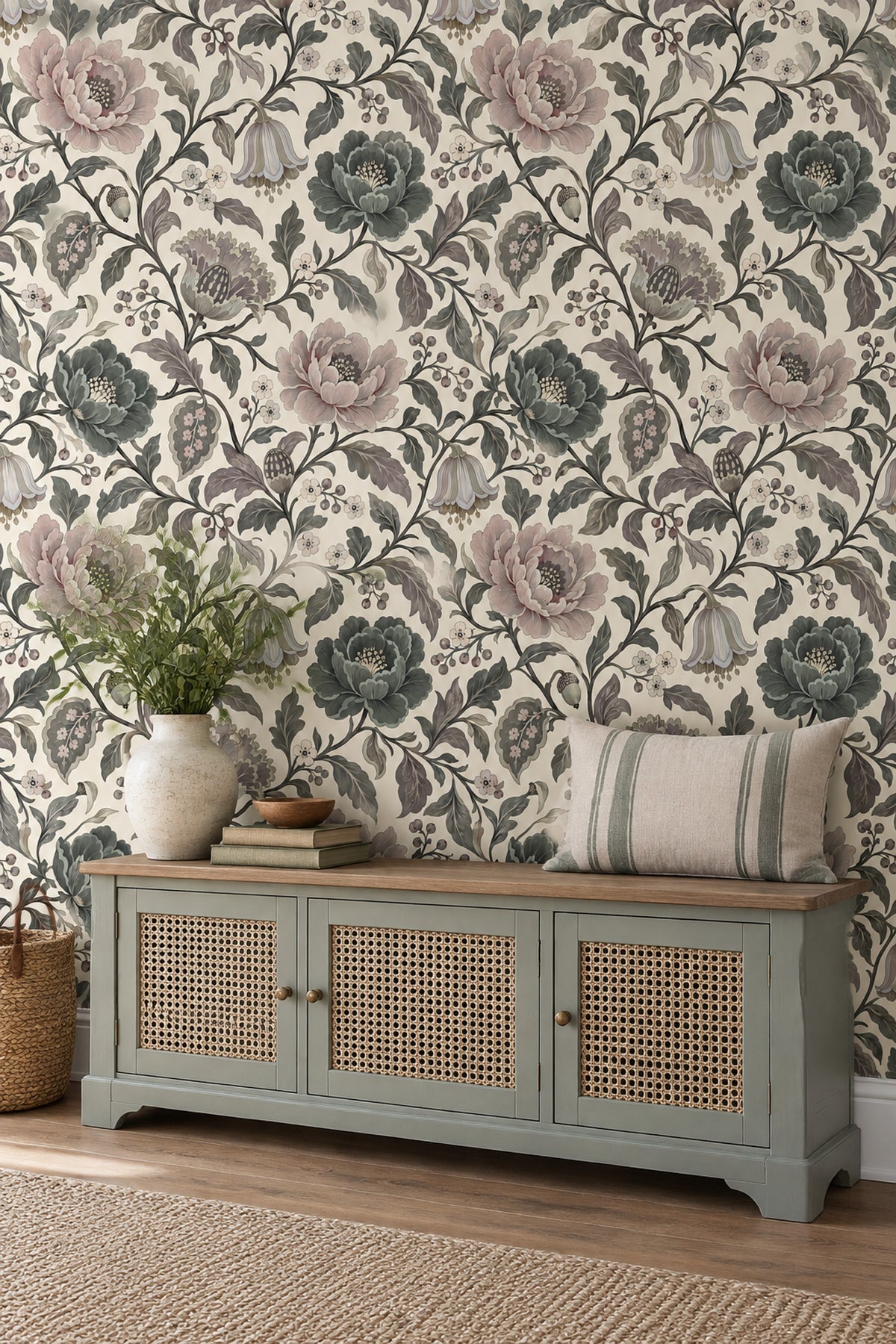 Peony Flowers Wallpaper Vintage Chinoiserie Cream Background