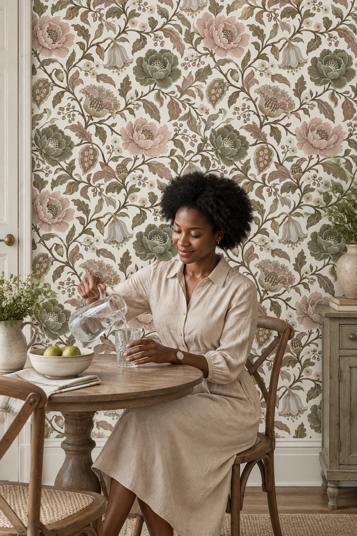 Peony Blossom Wallpaper Vintage Chinoiserie Sage Green Ivory