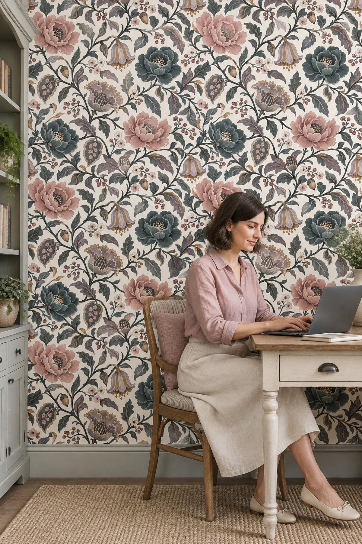 Peony And Berry Vines Wallpaper Cream Pink Teal