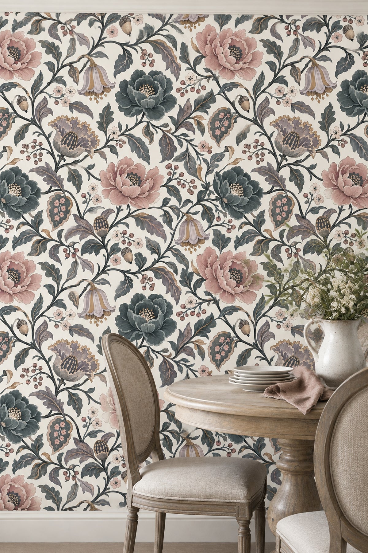 Peony And Berry Vines Wallpaper Cream Pink Teal