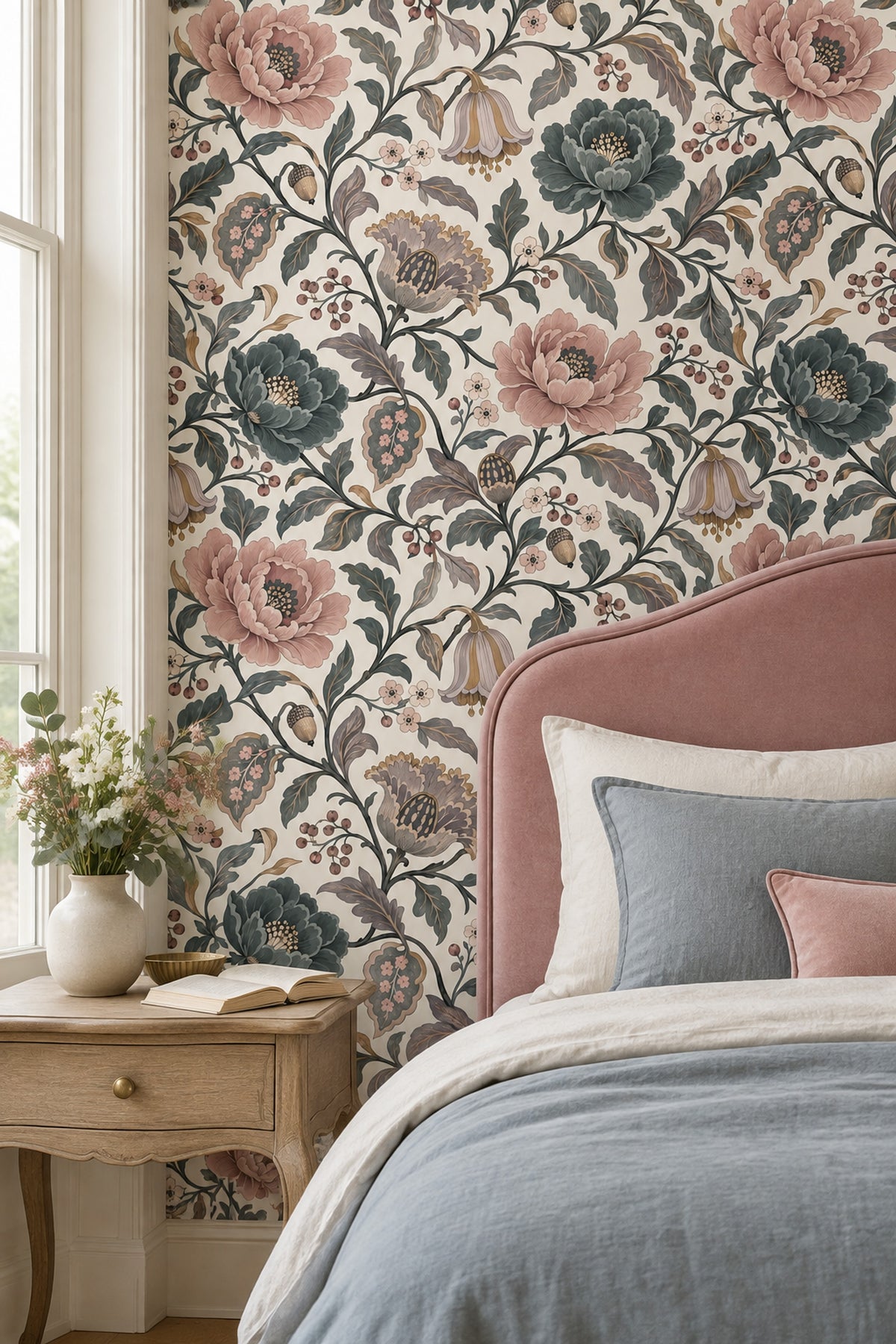 Peony And Berry Vines Wallpaper Cream Pink Teal