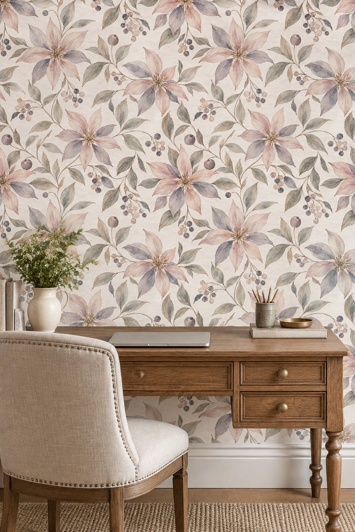 Pastel Floral Branches Wallpaper Watercolor Texture Cream