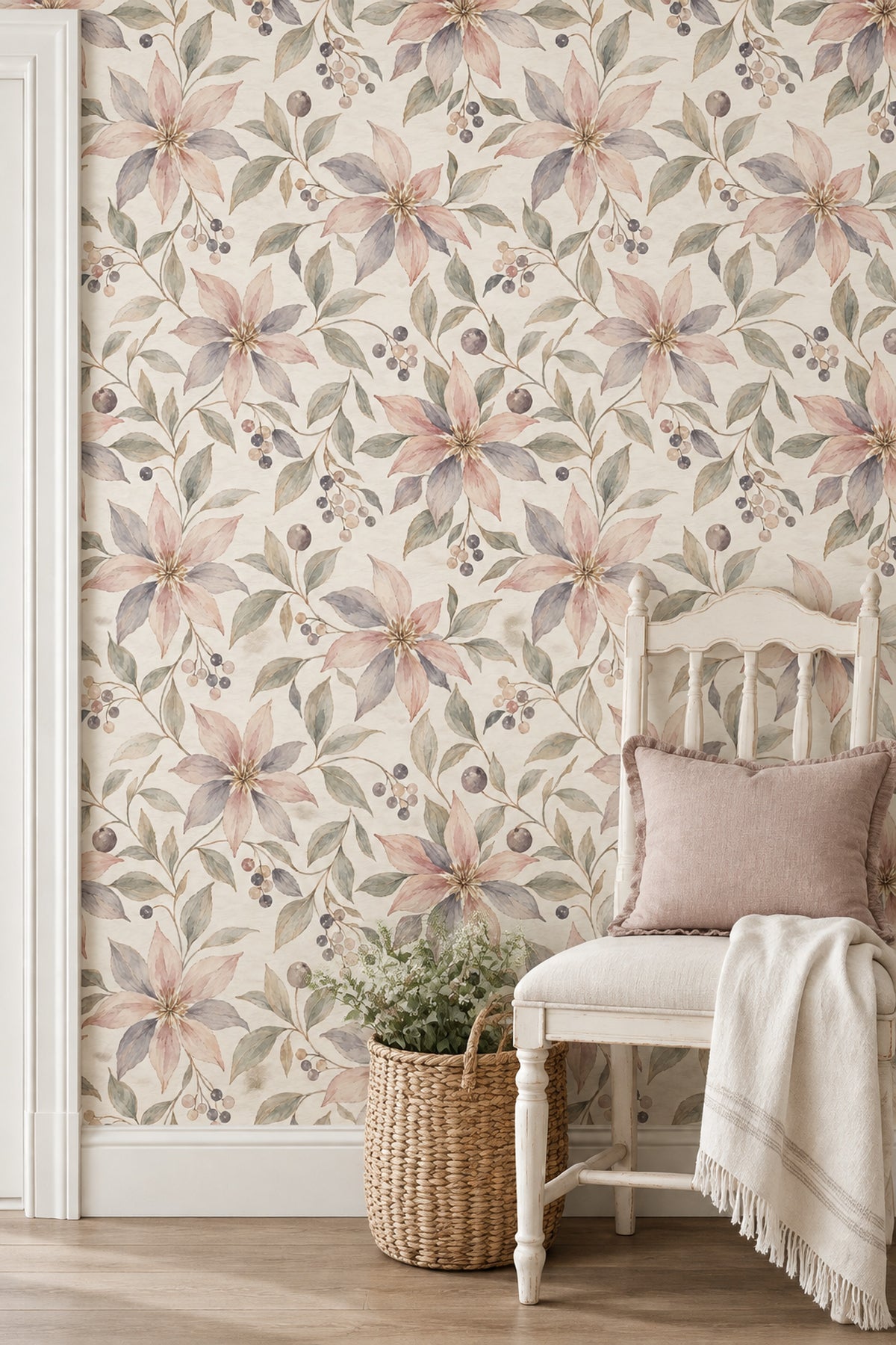 Pastel Floral Branches Wallpaper Watercolor Texture Cream