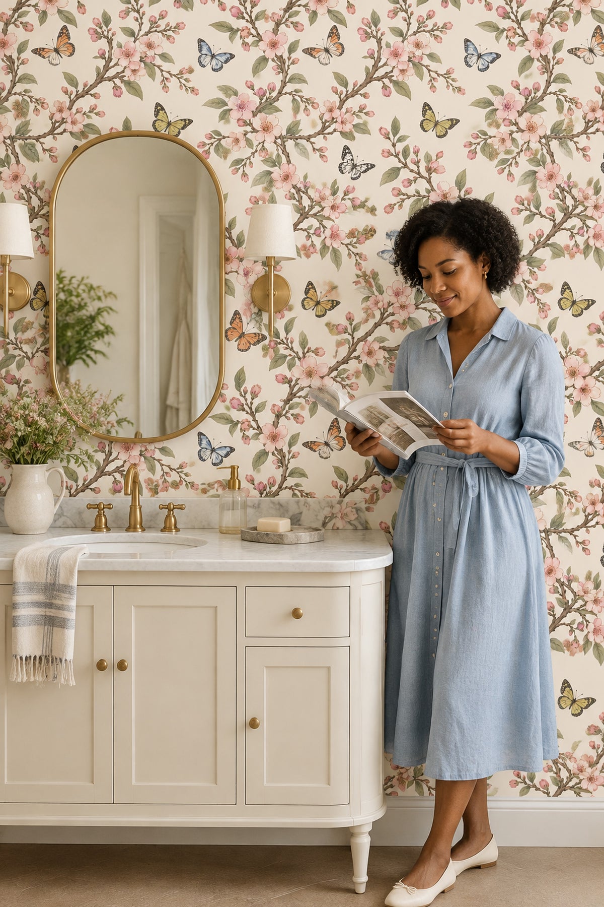 Cherry Blossom Branches Wallpaper Butterflies On Beige