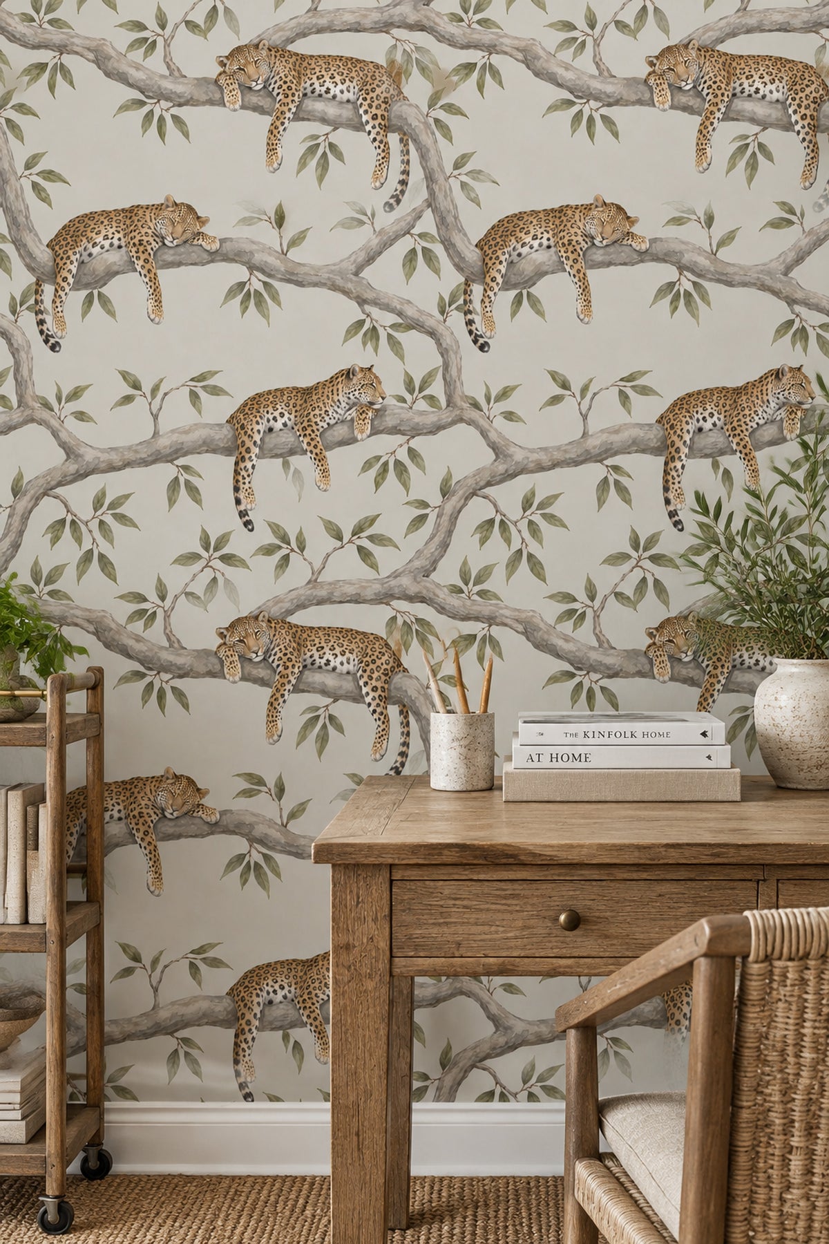 Leopards On Tree Branches Wallpaper Neutral Safari Botanical