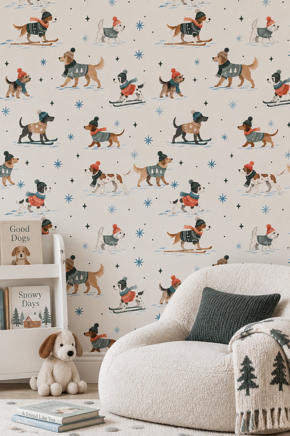 Skiing Dogs Wallpaper Snowflake Pattern On Ivory Background