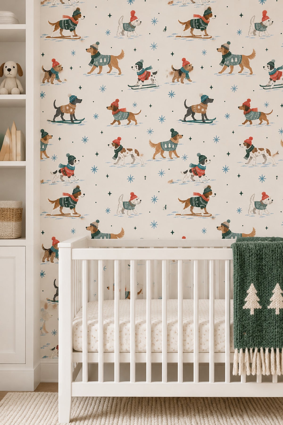 Skiing Dogs Wallpaper Snowflake Pattern On Ivory Background