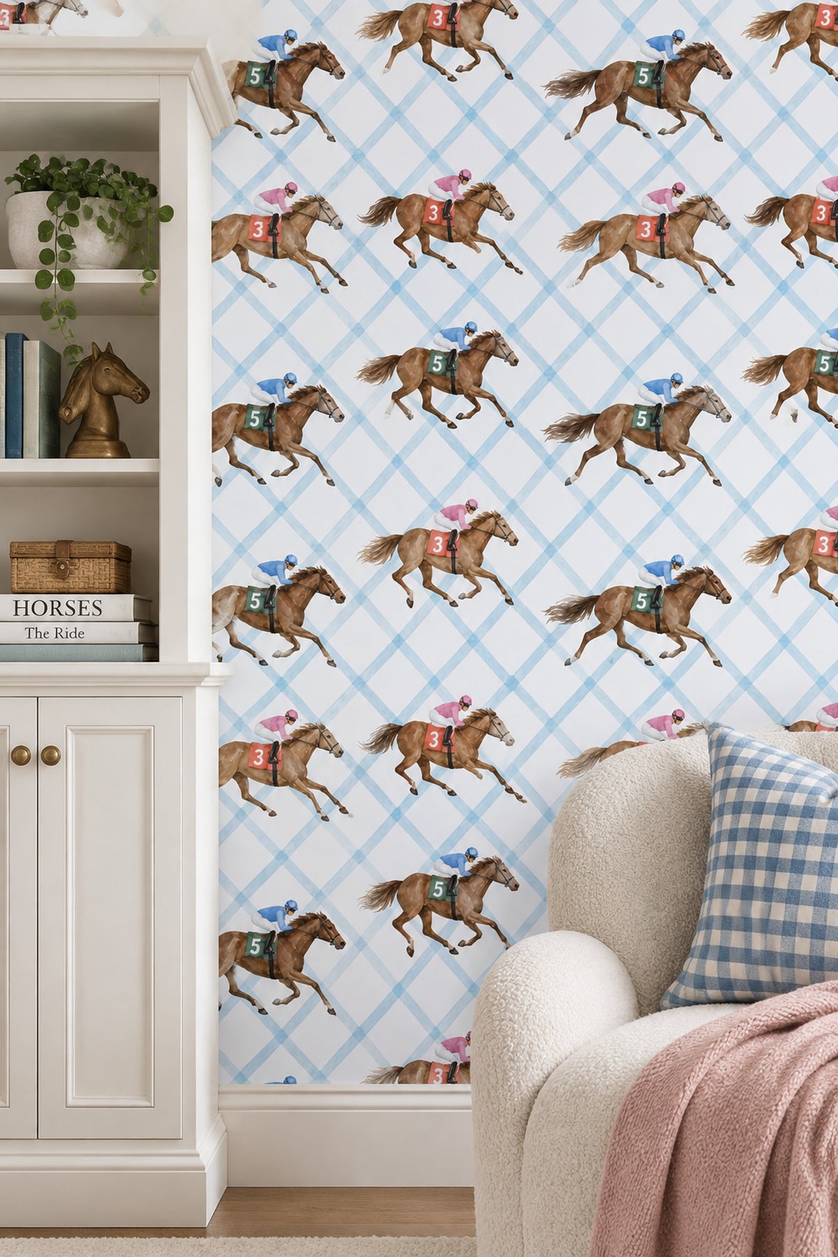 Racing Horses And Jockeys Wallpaper Light Blue Trellis Background