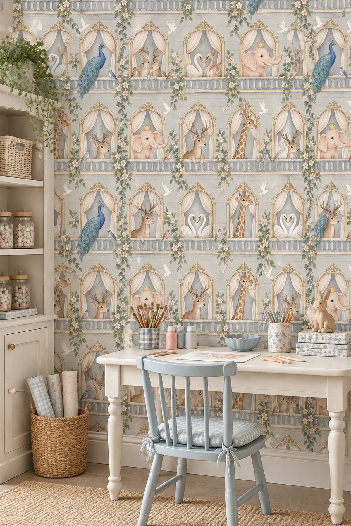 Palace Balcony Animals Wallpaper Light Gray Pastel Watercolor