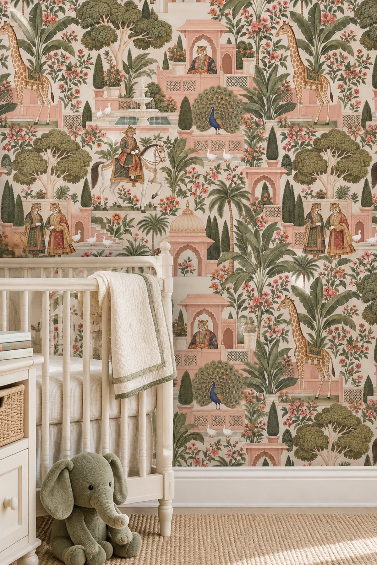 Exotic Palace Garden Animals Wallpaper Pink Sage Chinoiserie