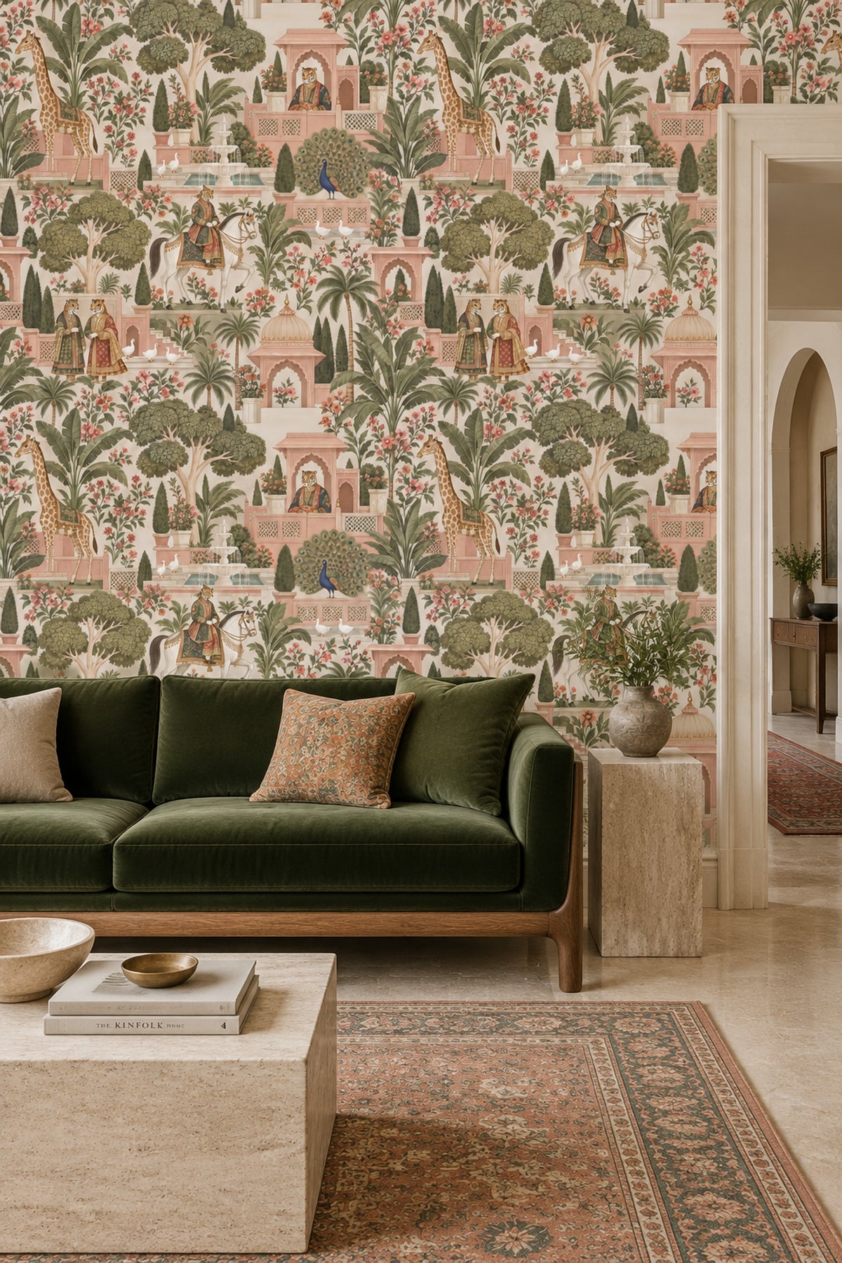 Exotic Palace Garden Animals Wallpaper Pink Sage Chinoiserie