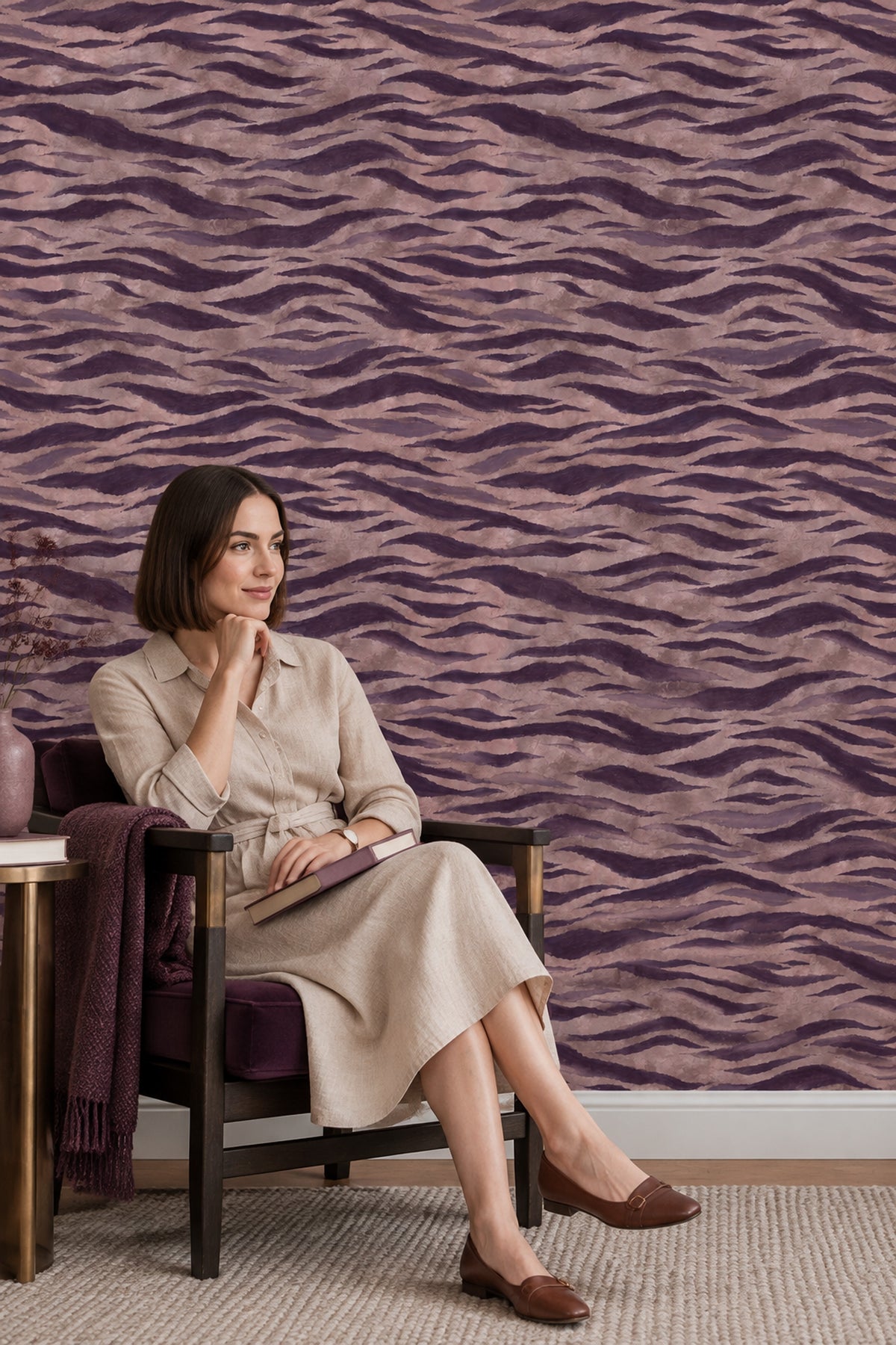 Zebra Stripe Wallpaper Dark Plum Abstract Stripes
