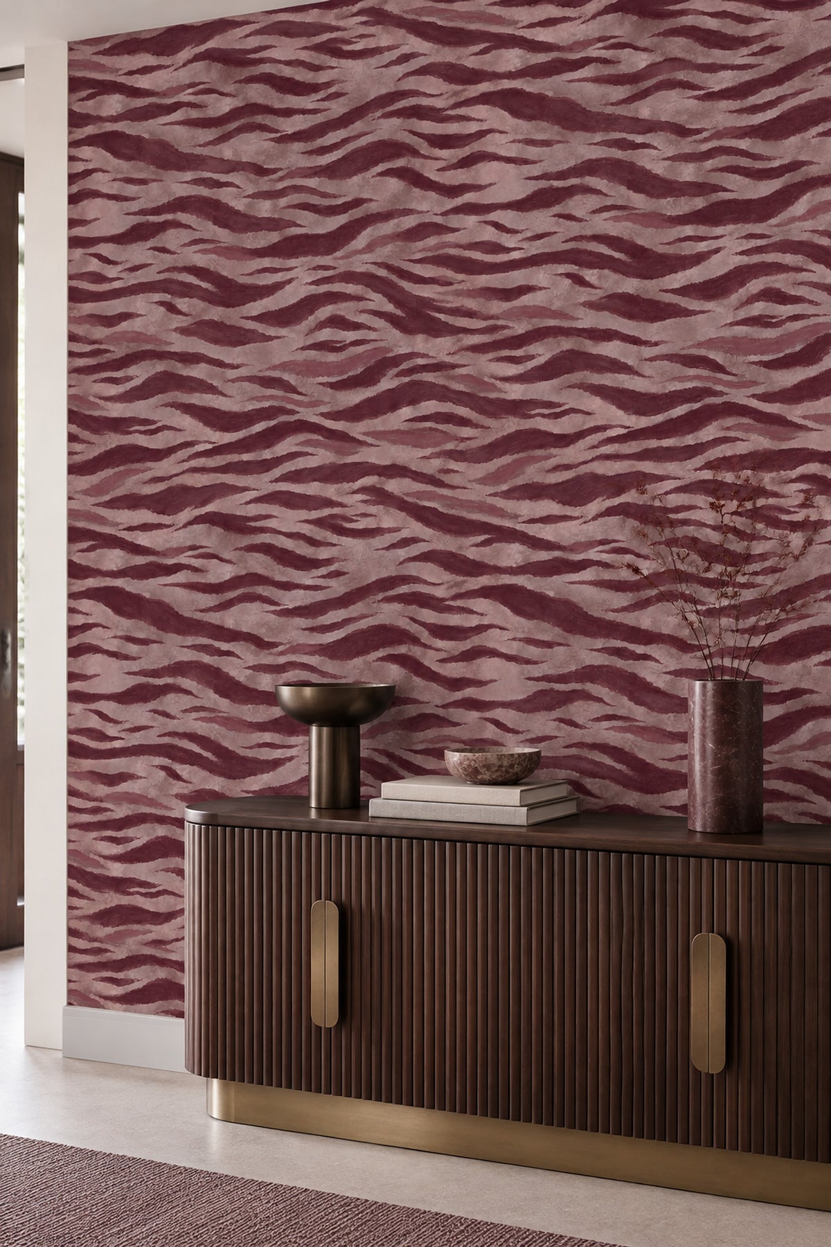 Abstract Tiger Stripe Wallpaper Burgundy And Dusty Pink