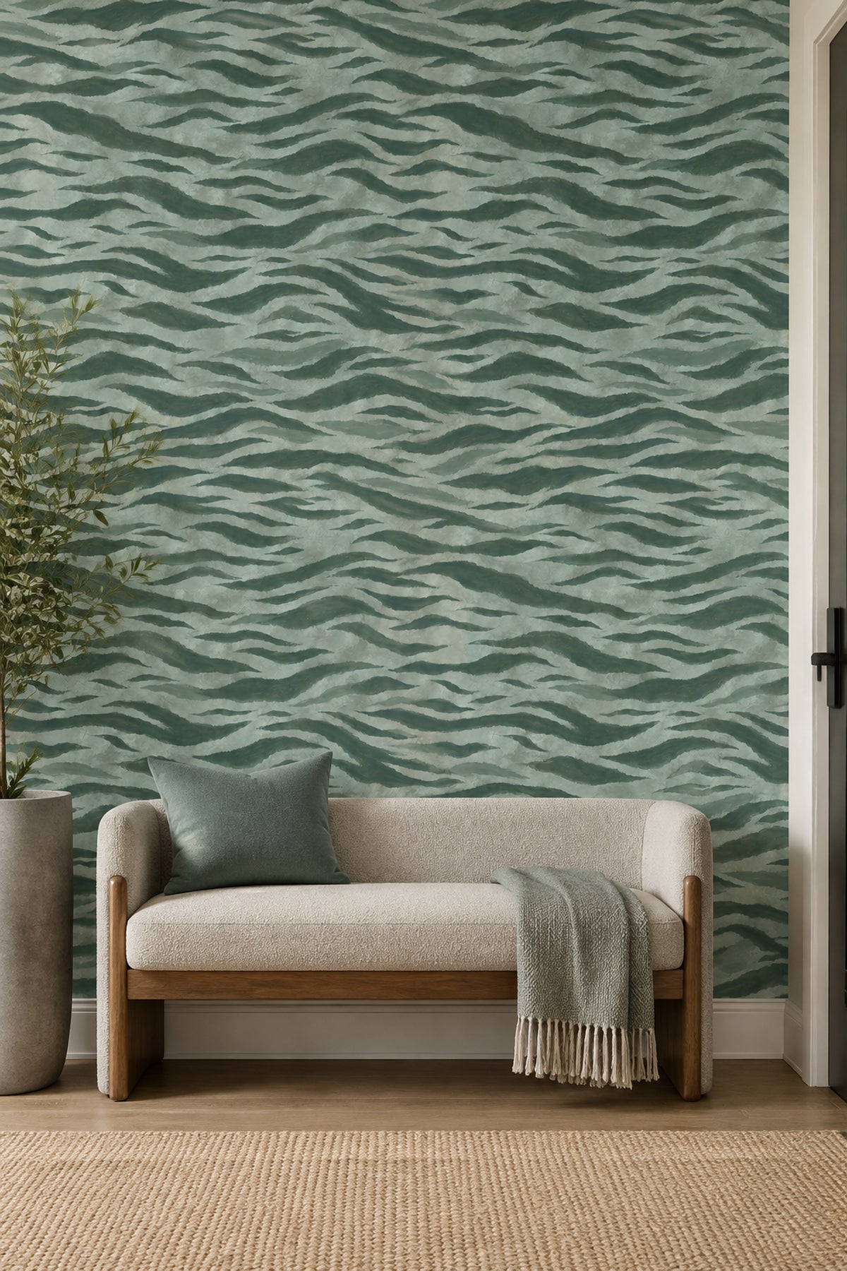 Wavy Brushstroke Bands Wallpaper Muted Green Abstract