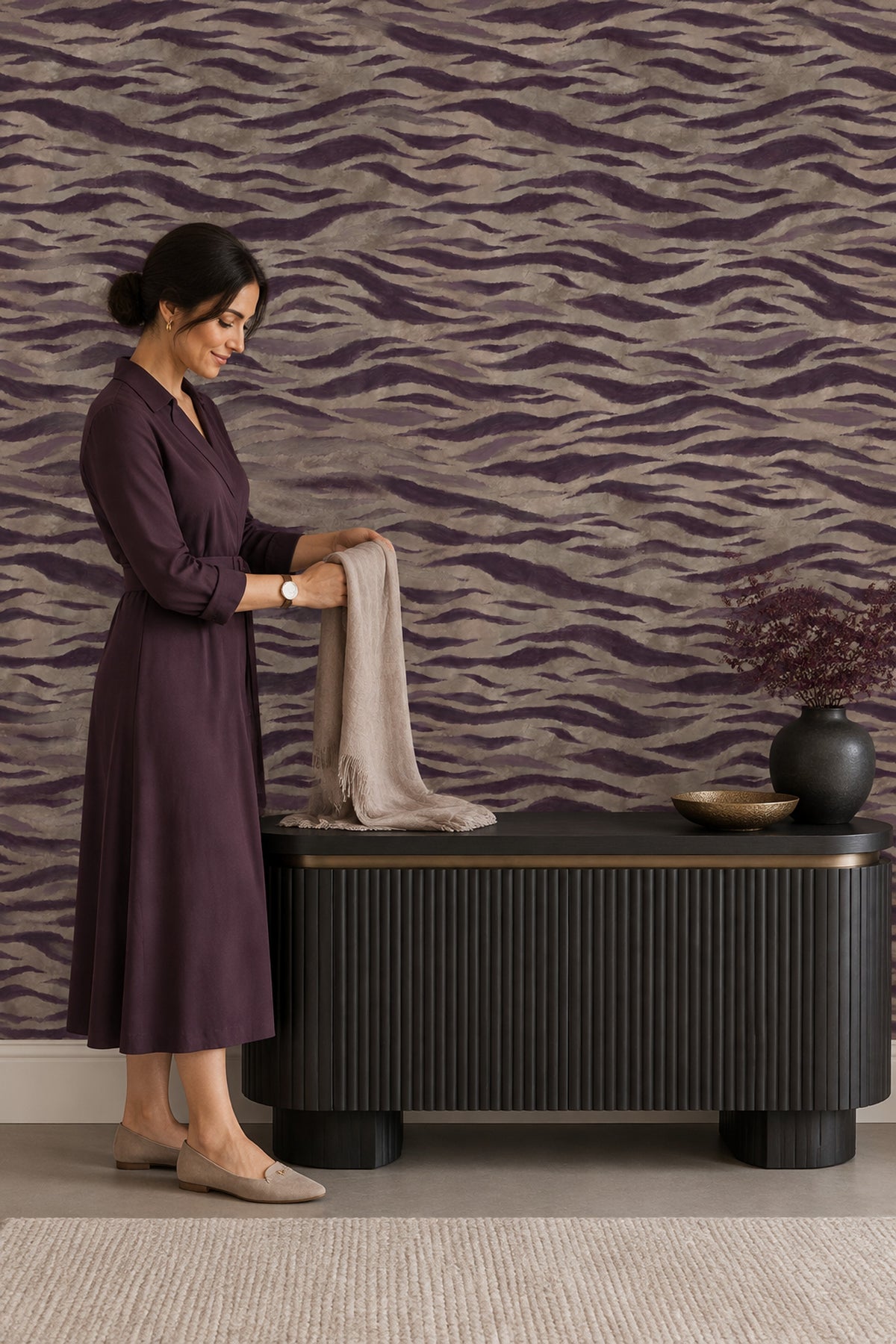Purple Zebra Stripes Wallpaper Textured Taupe Background