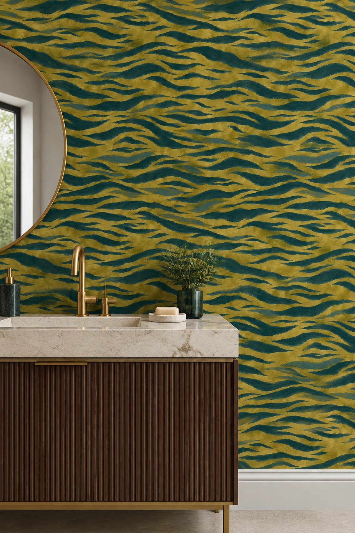 Wavy Animal Print Stripes Wallpaper Textured Gold Teal