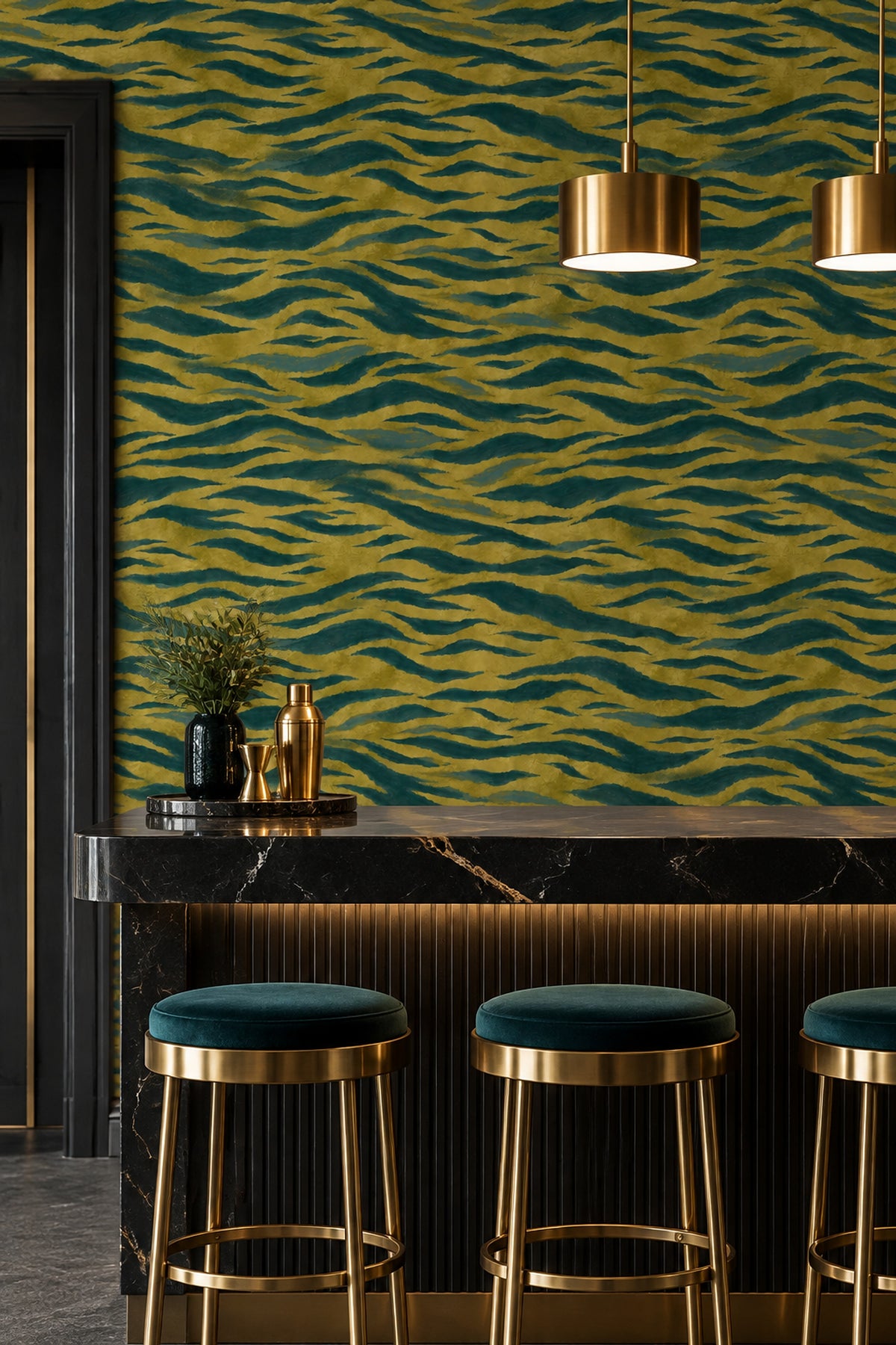 Wavy Animal Print Stripes Wallpaper Textured Gold Teal