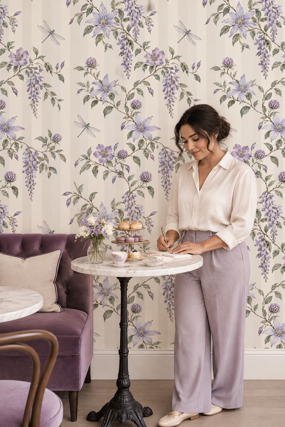 Lavender Flower And Dragonfly Wallpaper Cream Striped Botanical