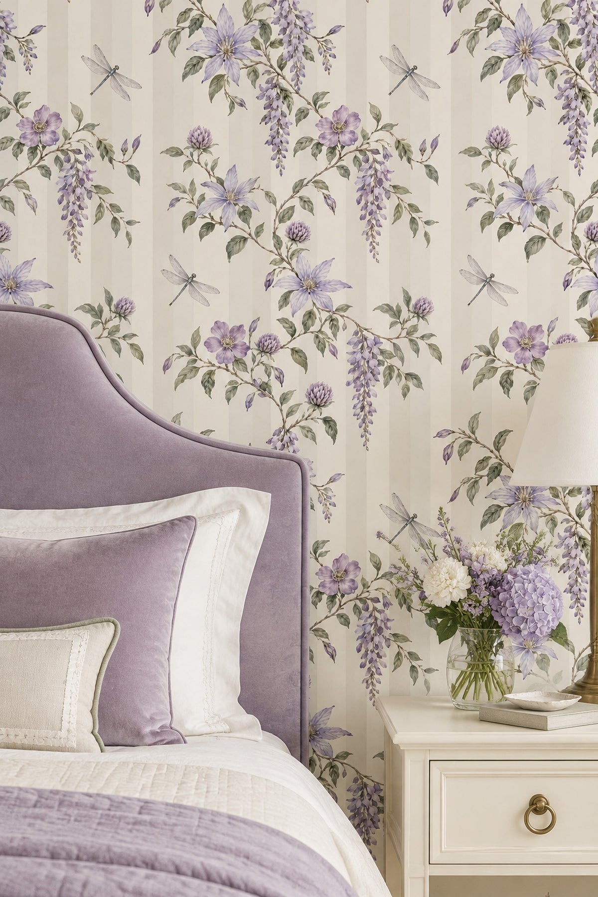 Lavender Flower And Dragonfly Wallpaper Cream Striped Botanical