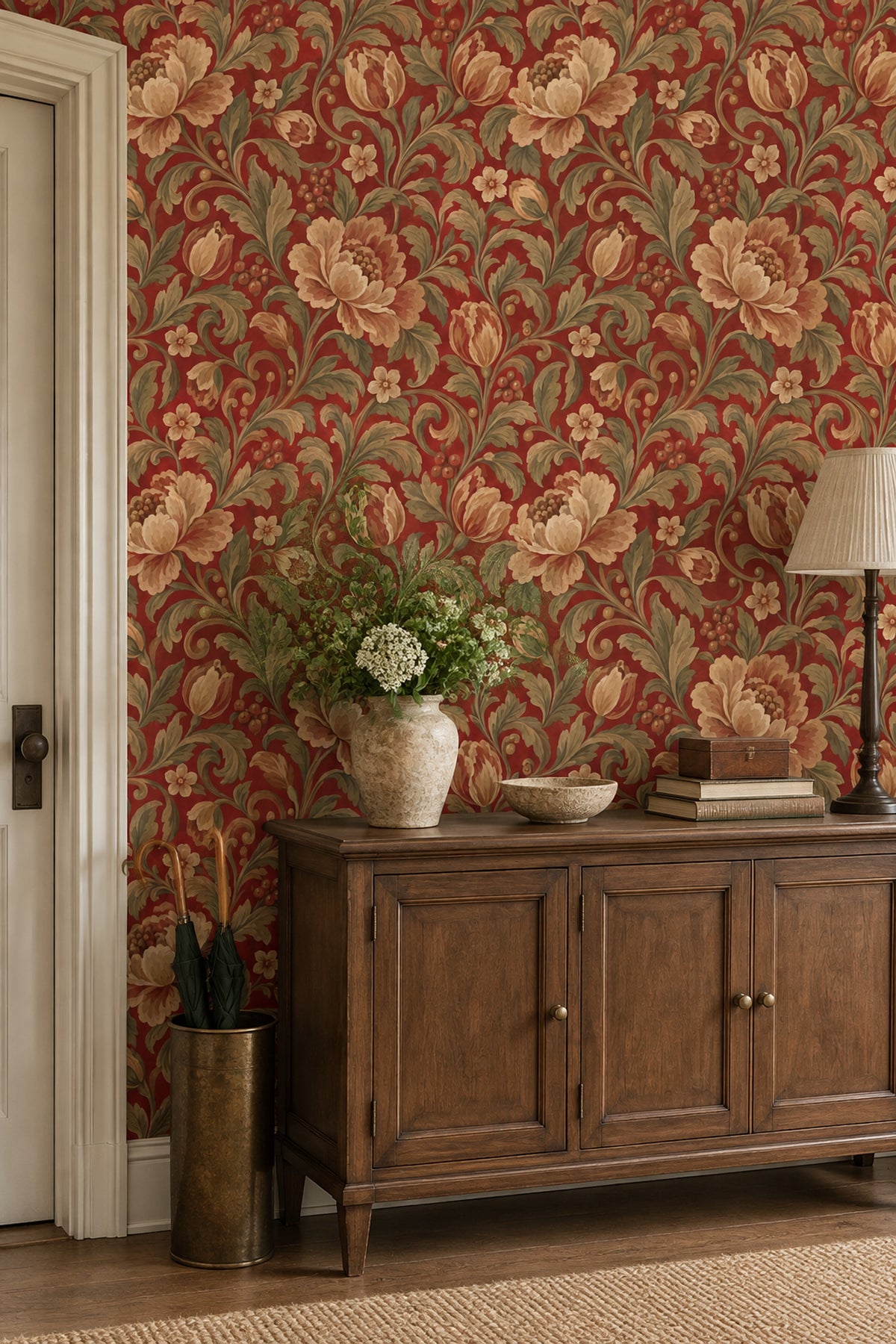 Cream Botanical Flowers Wallpaper Scrolling Vines On Burgundy