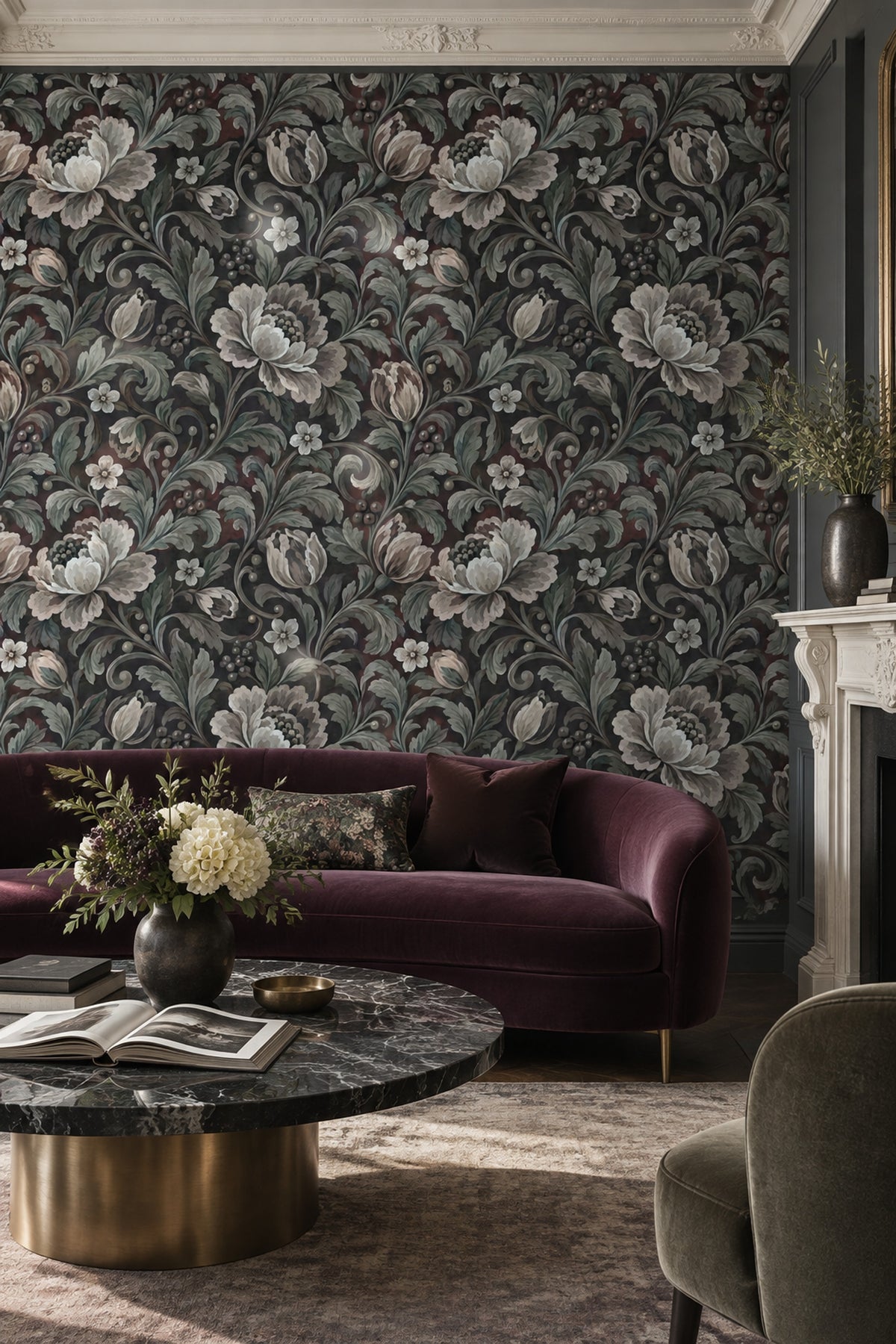 Large Vintage Blossoms Wallpaper Dark Floral Botanical Vines