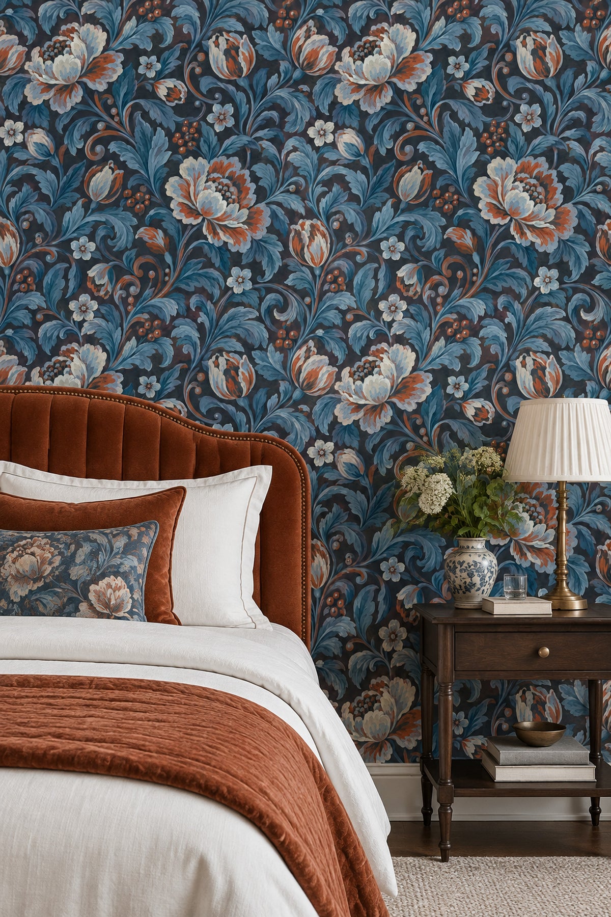 Large Vintage Flowers Wallpaper Dark Floral Teal Navy