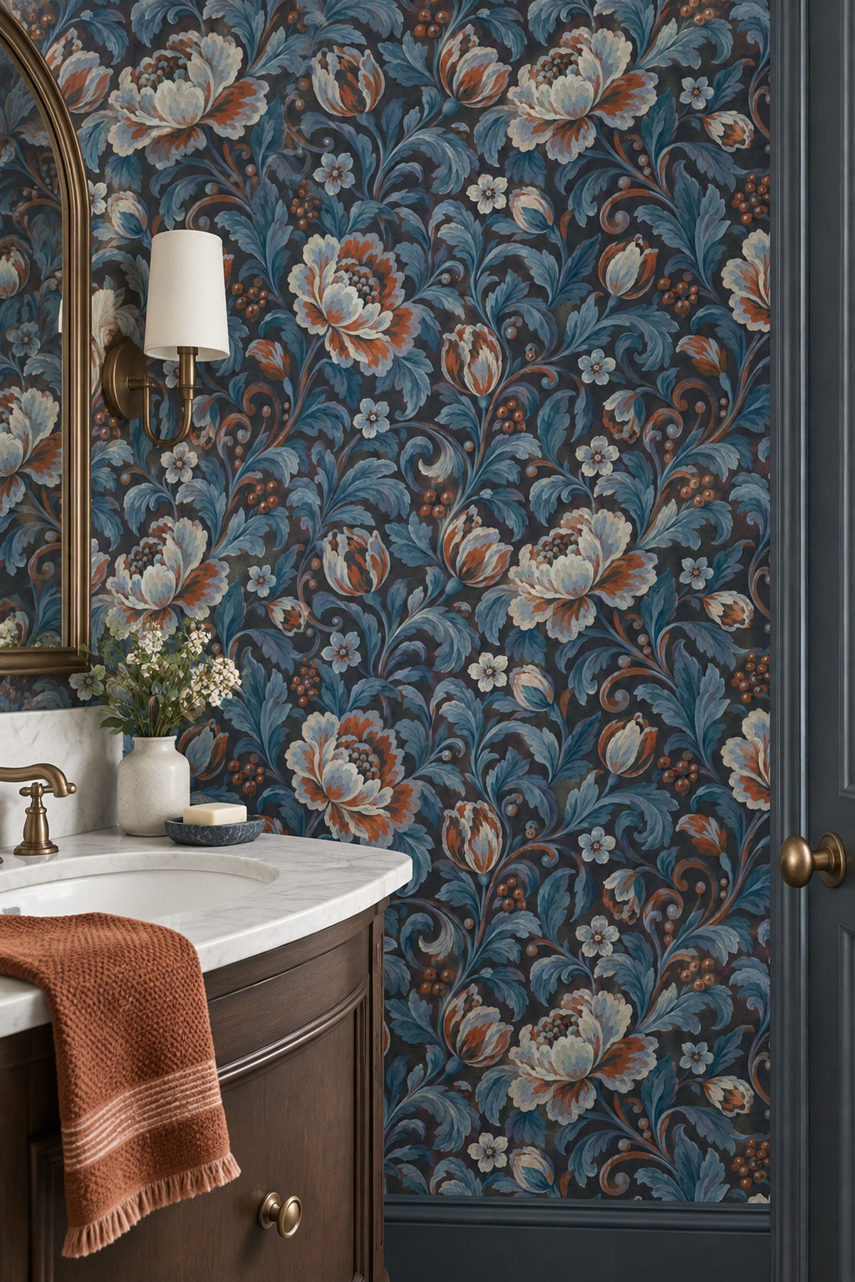 Large Vintage Flowers Wallpaper Dark Floral Teal Navy
