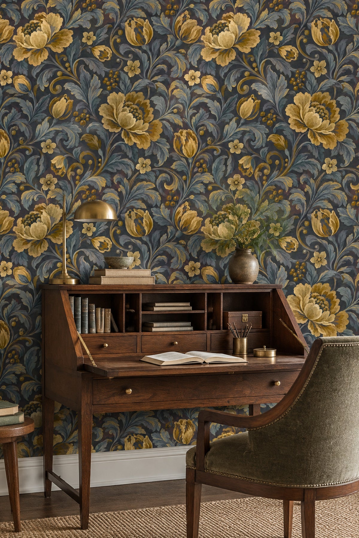 Golden Flower Wallpaper Dark Floral Botanical Pattern