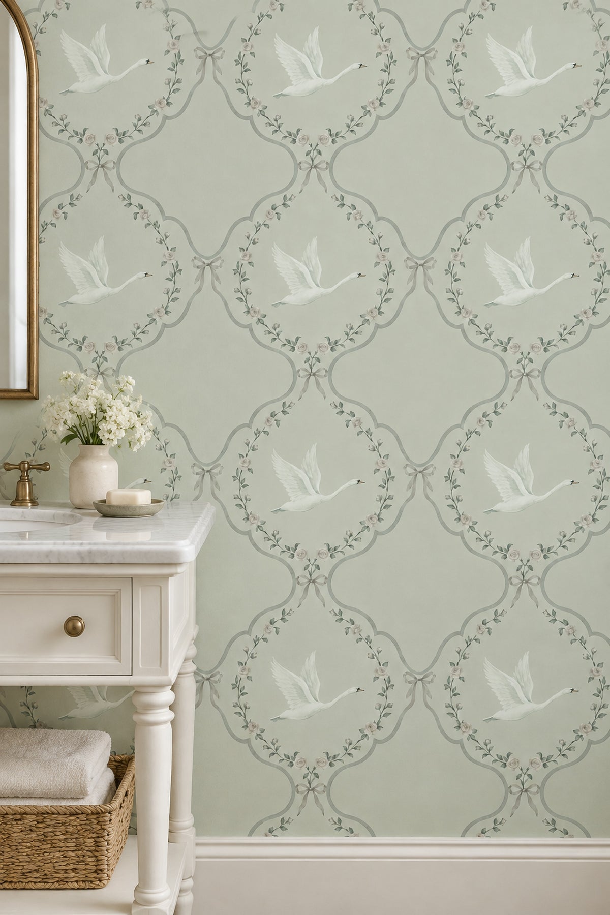 White Swan And Rose Medallion Wallpaper Muted Green