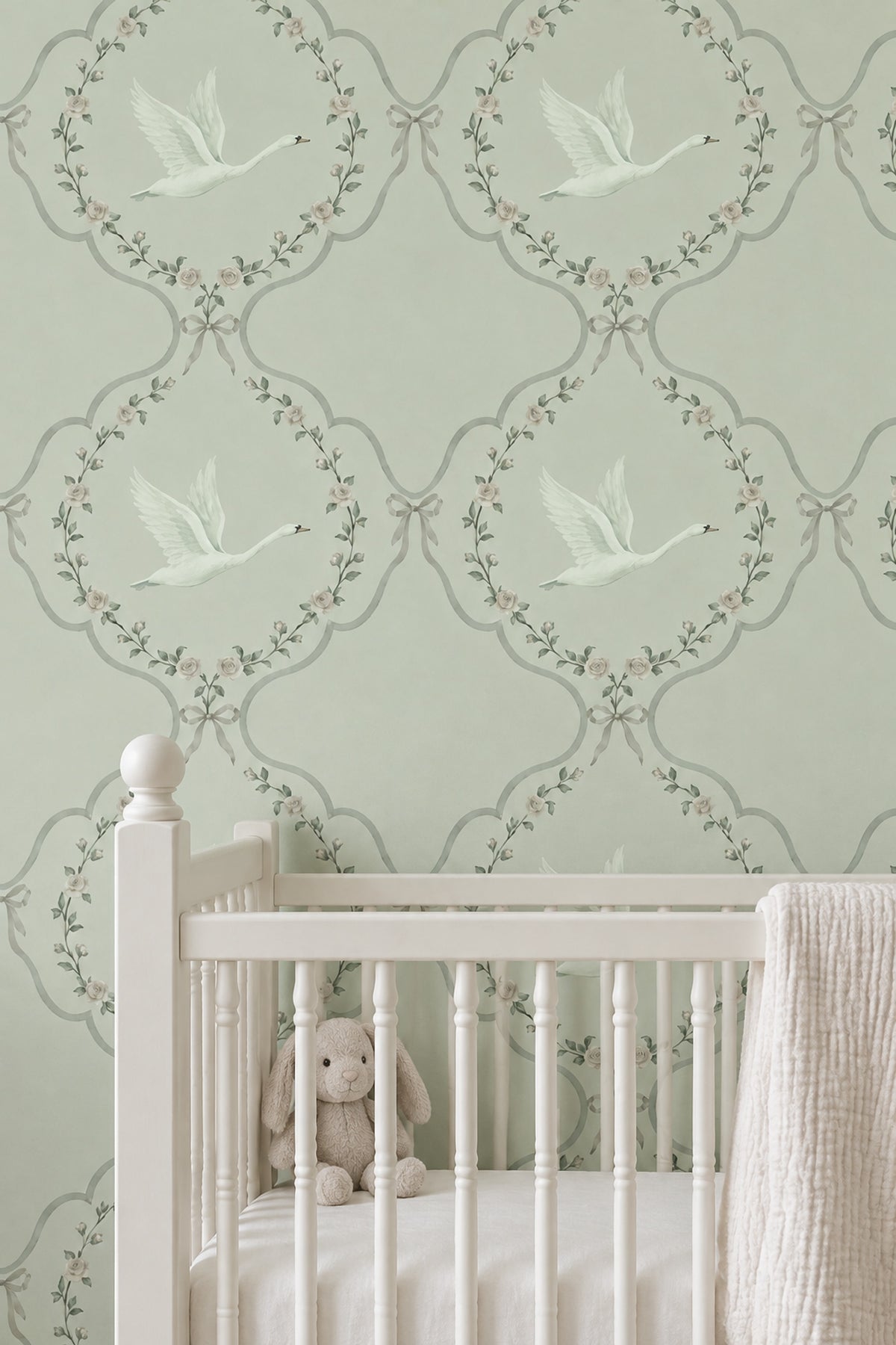 White Swan And Rose Medallion Wallpaper Muted Green