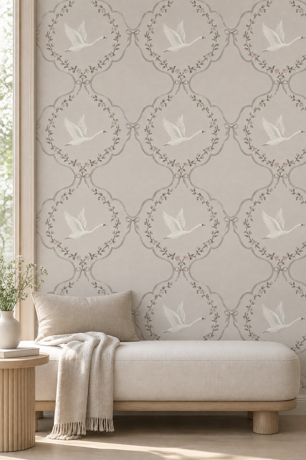 White Swans And Rose Medallions Wallpaper Muted Green