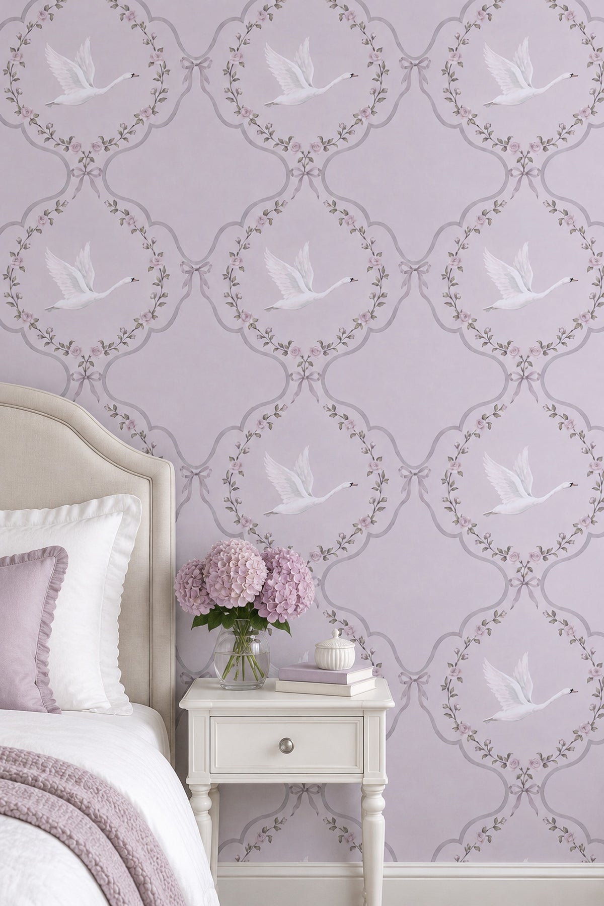 White Swans And Rose Garlands Wallpaper Purple Background