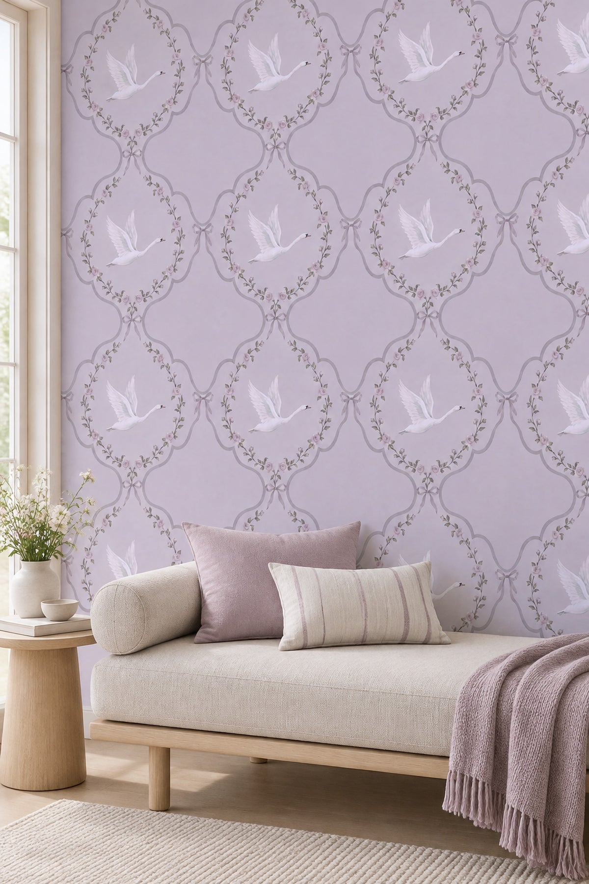 White Swans And Rose Garlands Wallpaper Purple Background