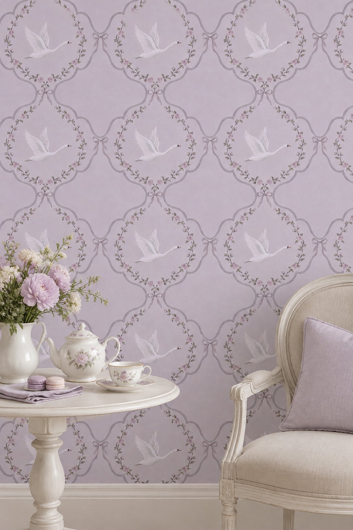 White Swans And Rose Garlands Wallpaper Purple Background
