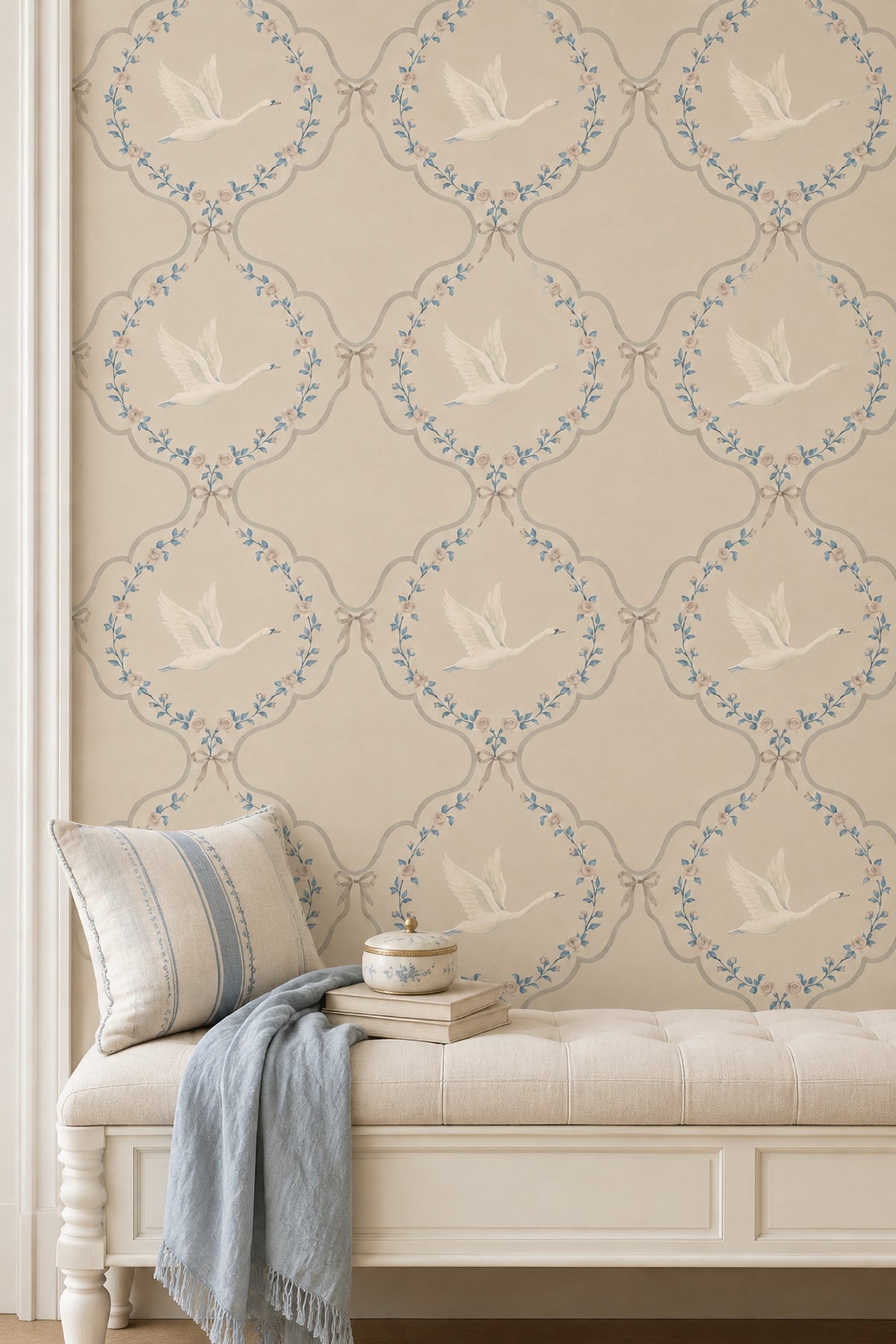 Flying Swans Wallpaper Floral Garland Trellis In Light Beige