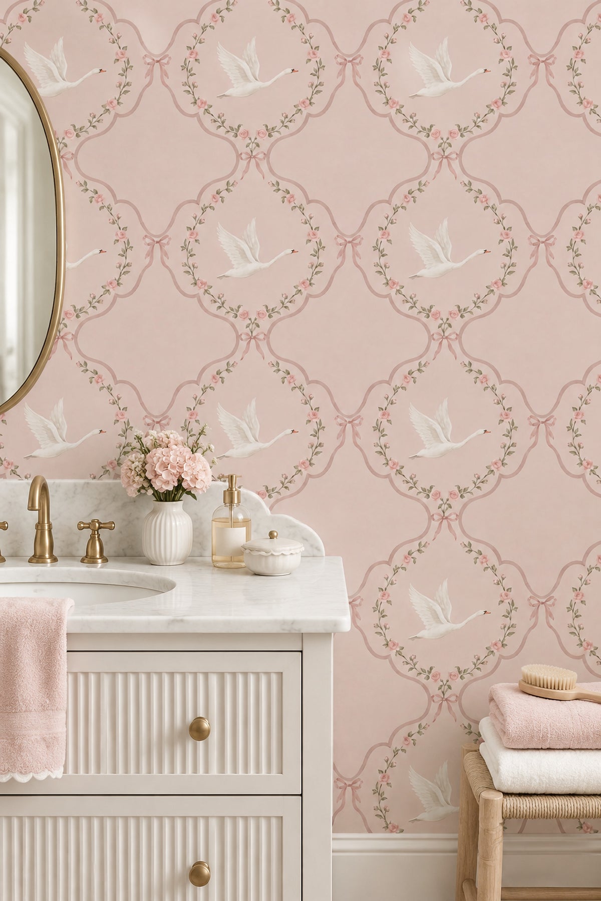 Swans And Roses Wallpaper Pink Wreath Trellis