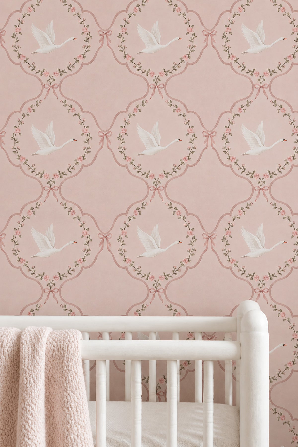 Swans And Roses Wallpaper Pink Wreath Trellis