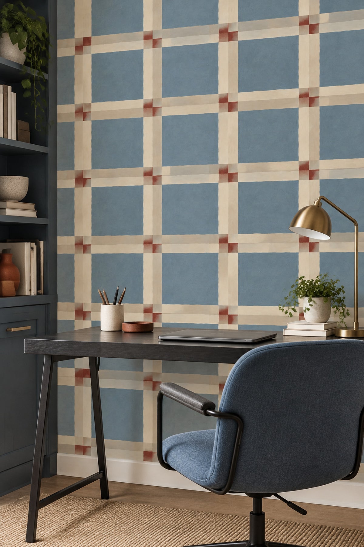 Blue Plaid Grid Wallpaper Ivory Stripes With Red Accents