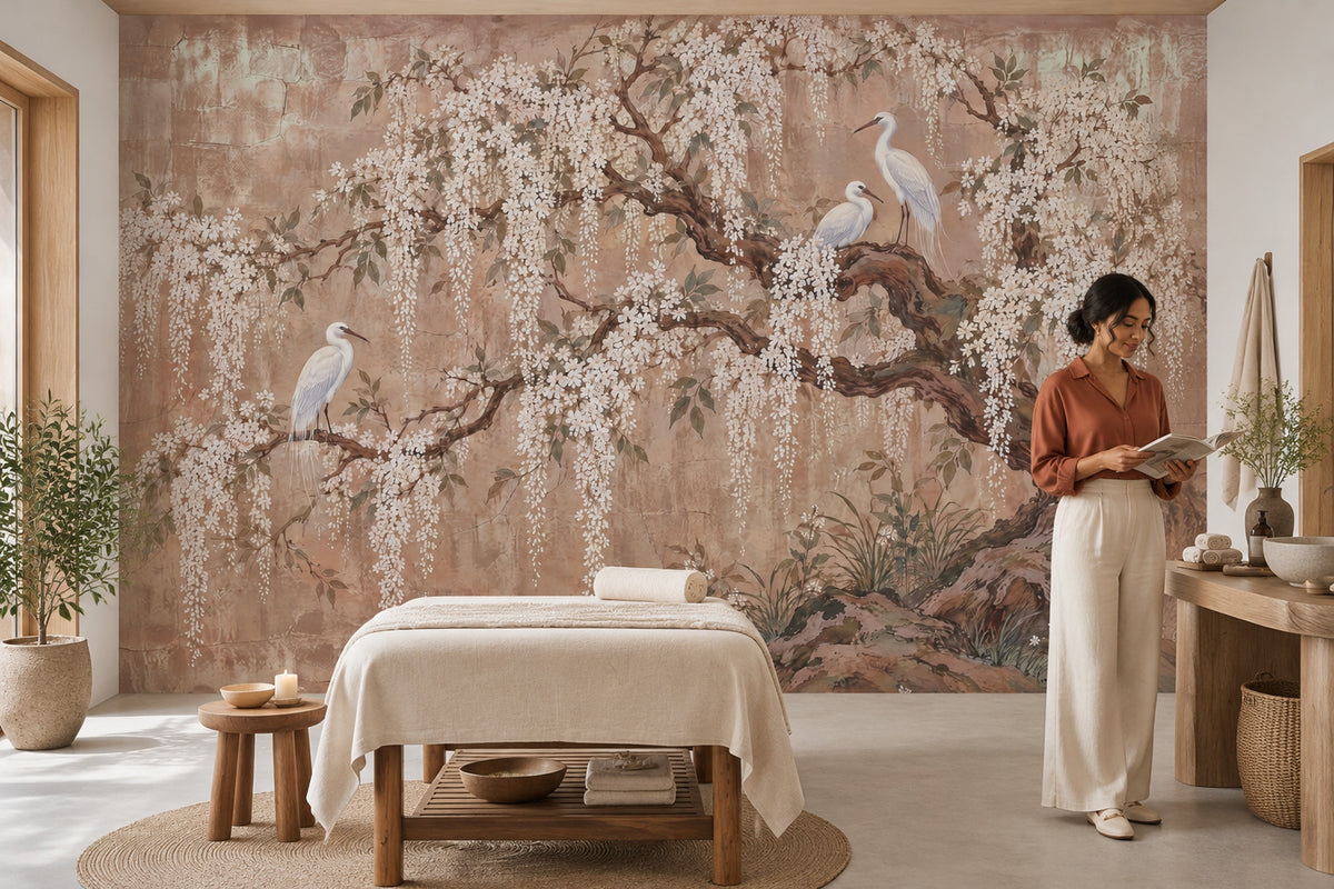 White Blossoms And Egrets Wallpaper Chinoiserie Garden Wall Mural
