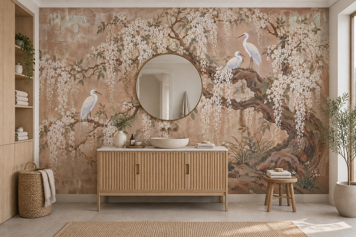 White Blossoms And Egrets Wallpaper Chinoiserie Garden Wall Mural