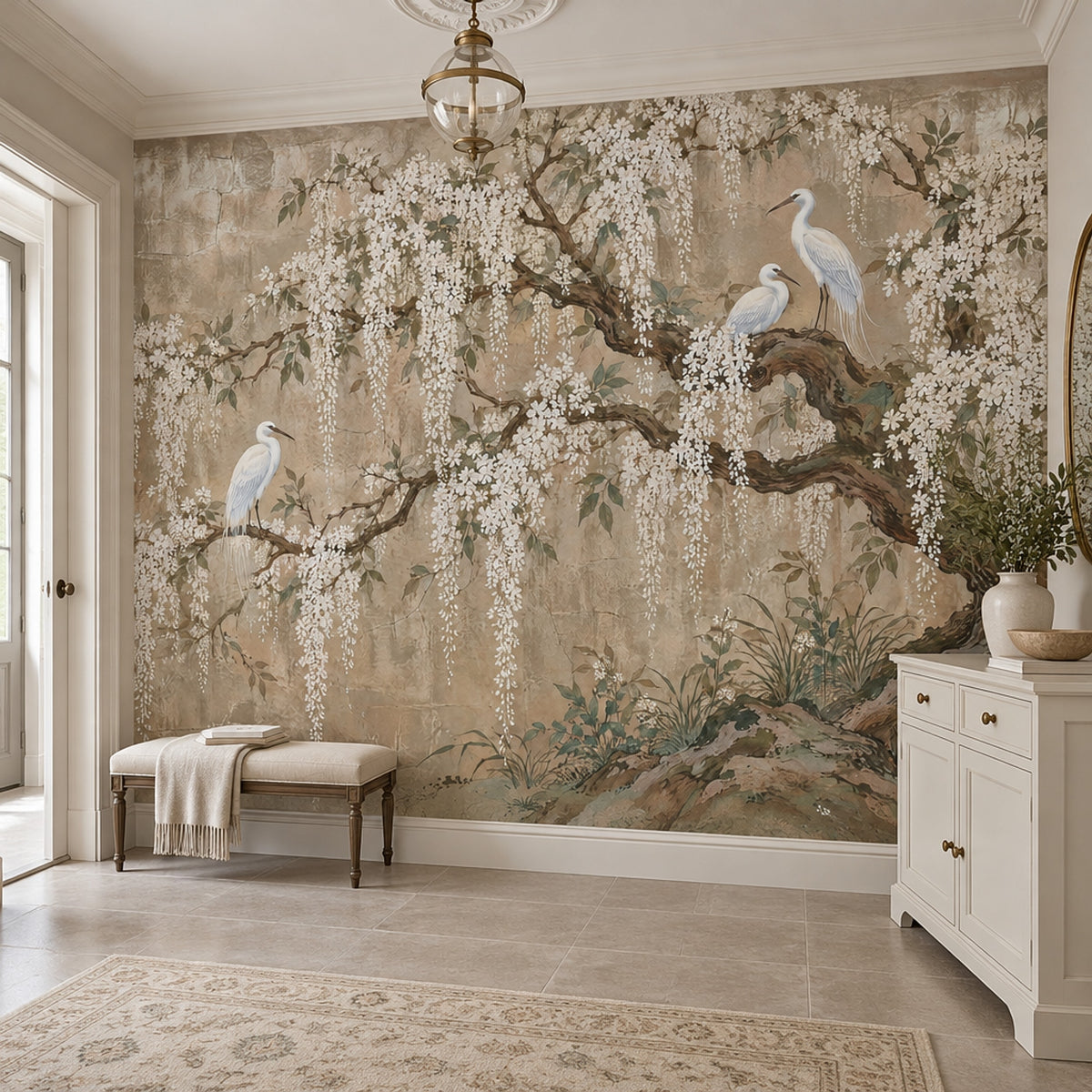 White Blossom Branches Wallpaper Chinoiserie Birds Wall Mural