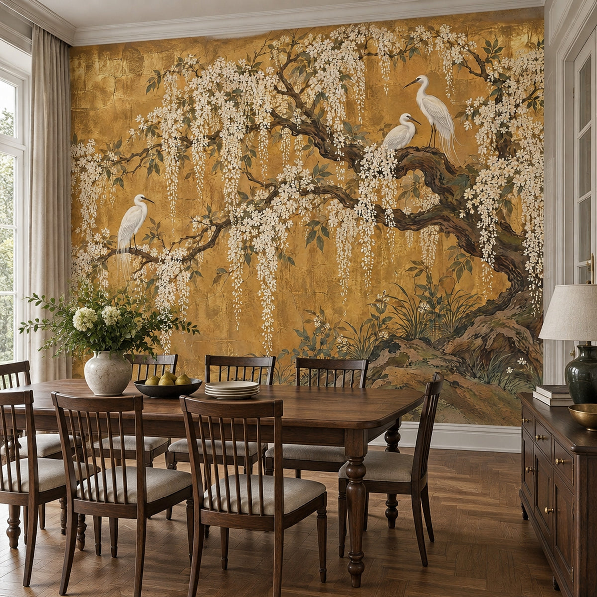 White Herons And Hanging Blossoms Wallpaper Antique Gold Wall Mural