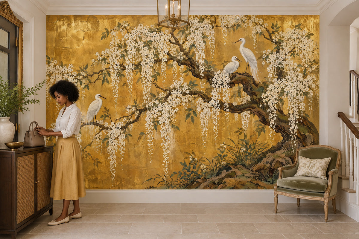 White Herons And Hanging Blossoms Wallpaper Antique Gold Wall Mural