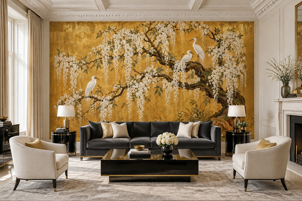 White Herons And Hanging Blossoms Wallpaper Antique Gold Wall Mural